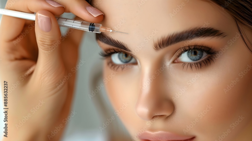 a medical esthetician's office, capturing a doctor performing an injection in the eyebrow area of a woman's face a medical esthetician's office, capturing a doctor performing an injection in the eyebrow area of a woman's face