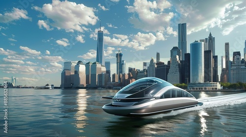 Modern Boat Traveling on Water in Front of New York City Skyline