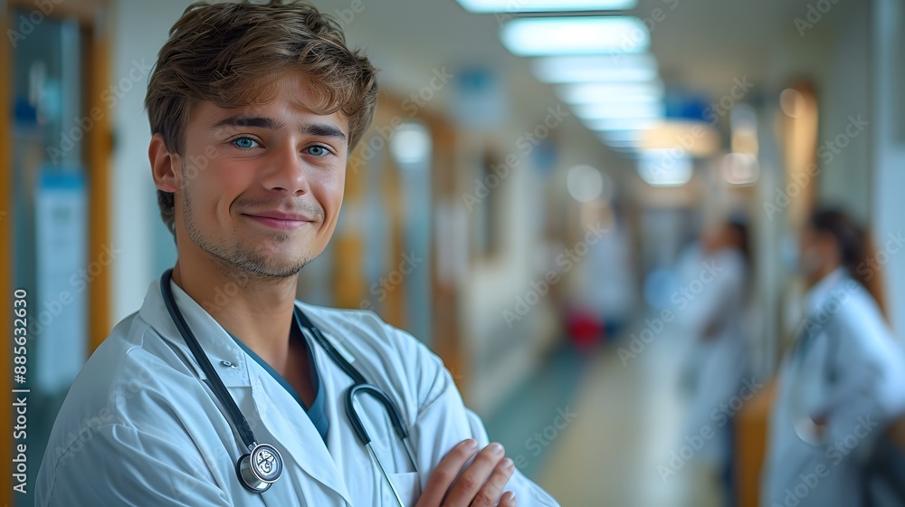 Fototapeta premium confident smiling doctor with stethoscope wearing medical uniform at hospital