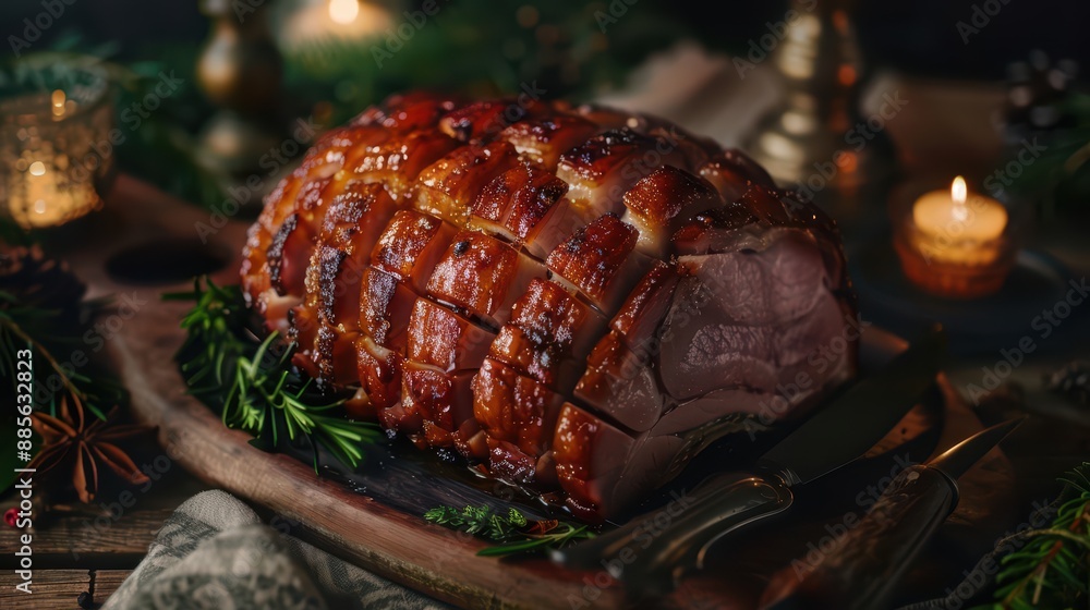 A supernatural scene where a glazed ham is infused with mystical spices, its succulent slices exuding a magical glow that delights and satisfies A supernatural scene where a glazed ham is infused with mystical spices, its succulent slices exuding a magical glow that delights and satisfies