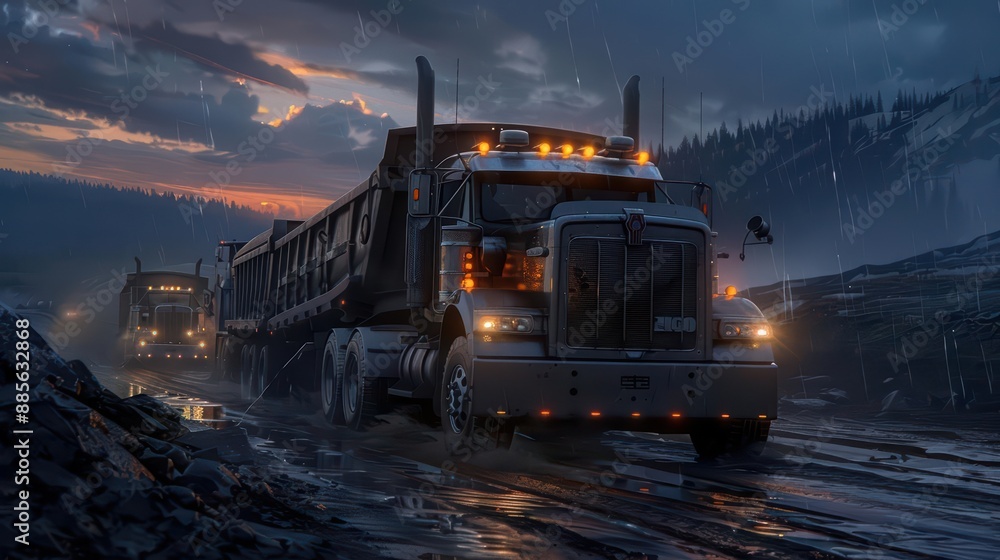 A supernatural scene where a semitruck and a dump truck transport magical cargo across a twilight landscape A supernatural scene where a semitruck and a dump truck transport magical cargo across a twilight landscape
