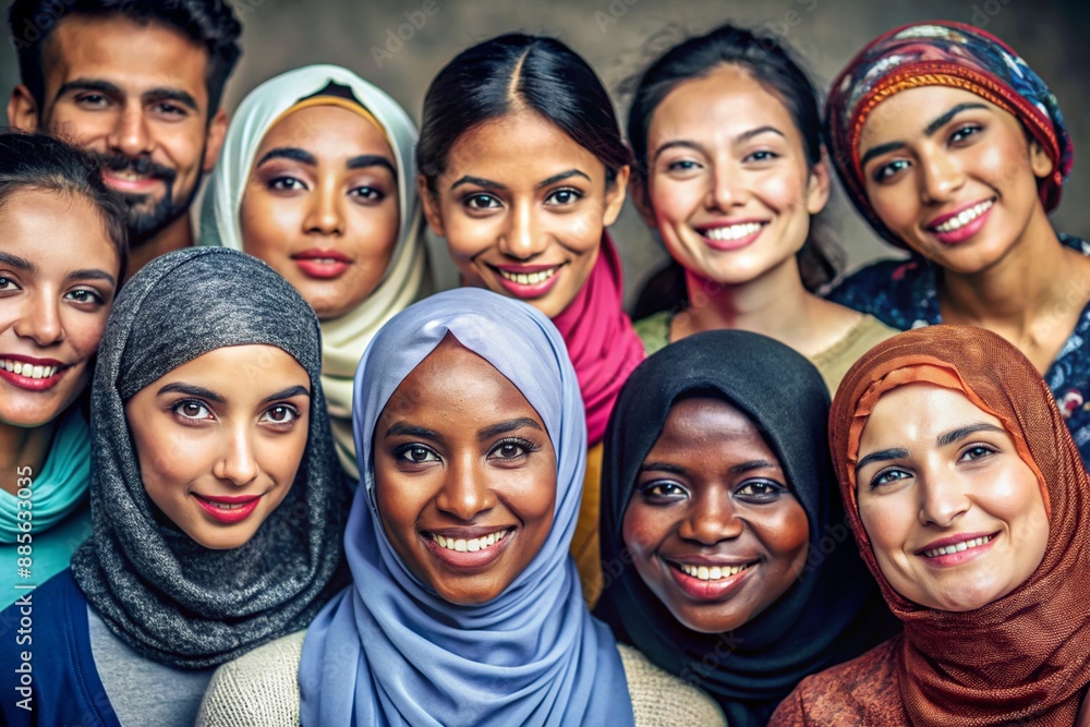 A group of women wearing head scarves are smiling for the camera A group of women wearing head scarves are smiling for the camera
