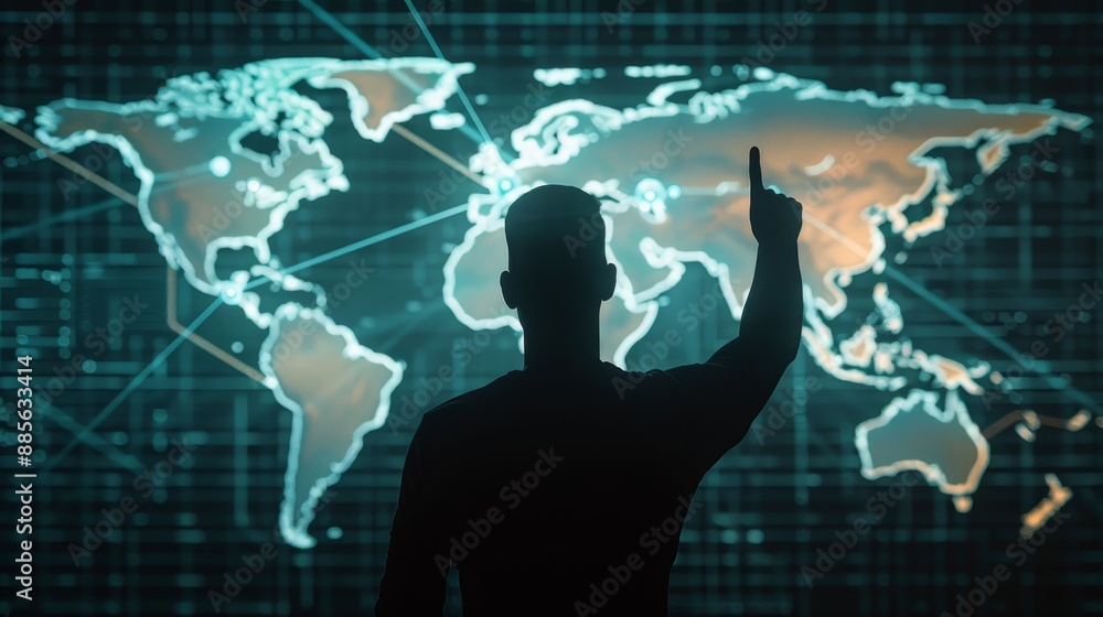 A woman stands in front of a large map of the world A woman stands in front of a large map of the world
