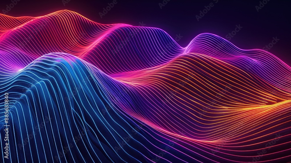 A dynamic neon wave design featuring vibrant, cascading lines that create a sense of motion and depth, set against a dark background. A dynamic neon wave design featuring vibrant, cascading lines that create a sense of motion and depth, set against a dark background.