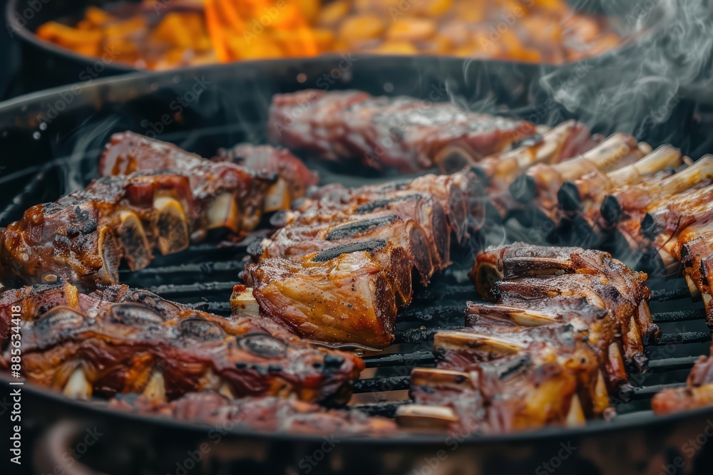 Barbecue ribs and pulled pork sizzle in a supernatural scene, creating a feast alongside a bubbling hot pot Barbecue ribs and pulled pork sizzle in a supernatural scene, creating a feast alongside a bubbling hot pot