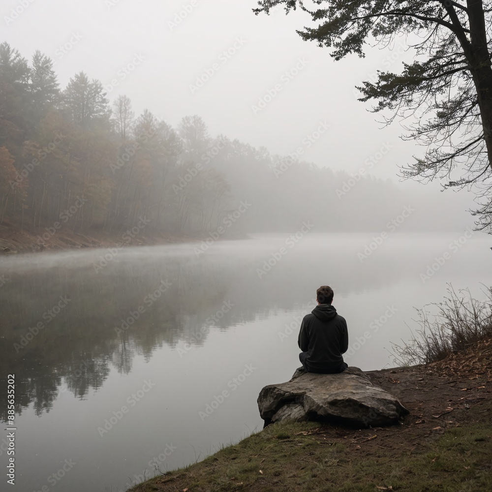Tranquil Solitude Silhouette of Young Man by Misty Lake Tranquil Solitude Silhouette of Young Man by Misty Lake