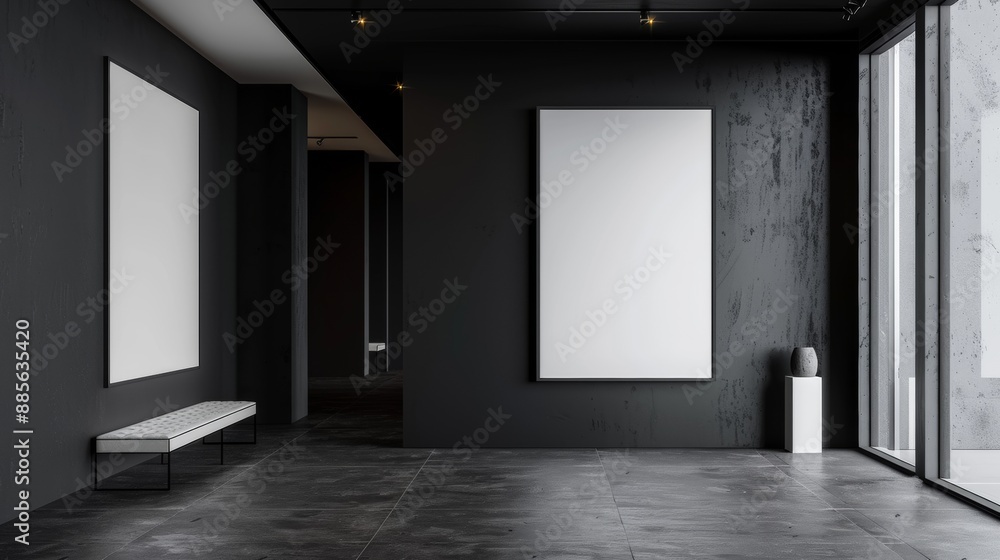 Empty Modern Gallery Interior With White Frames and Bench Empty Modern Gallery Interior With White Frames and Bench