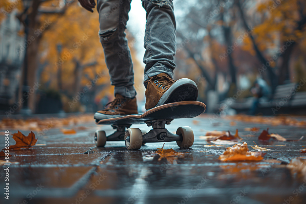 Skateboarder gliding through urban rain in autumn wearing jeans and boots, leaves and trees around Skateboarder gliding through urban rain in autumn wearing jeans and boots, leaves and trees around