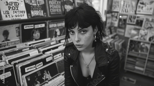 Punk, goth rock girl browsing through vinyl records in a punk music store. Dressed in a leather jacket and dark make-up. Fashion. Style. Black and white. photo