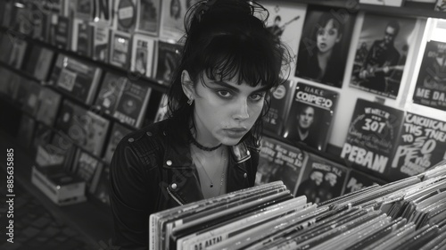 Punk, goth rock girl browsing through vinyl records in a punk music store. Dressed in a leather jacket and dark make-up. Fashion. Style. Black and white.