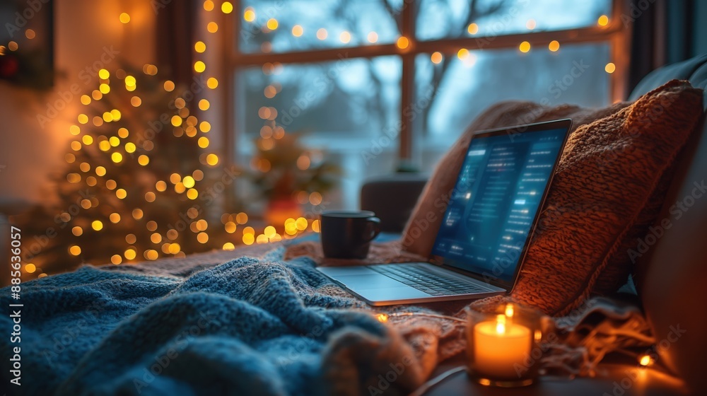 Cozy Digital Workspace with Laptop and Festive Lights Cozy Digital Workspace with Laptop and Festive Lights