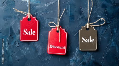 Three Red and Brown Sale Tags Hanging on Blue Background