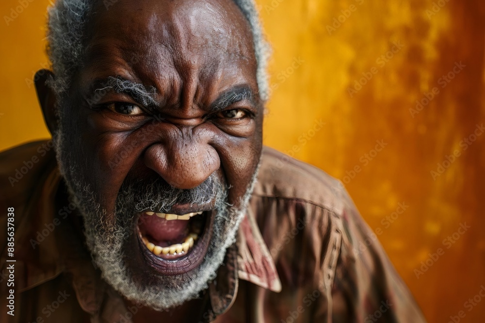 Expression of furious, enraged senior grey bearded afro man with grumpy grimace on his face, mouth opened in shout, ready to argue and swear, Angry black man yelling, screaming on yellow background Expression of furious, enraged senior grey bearded afro man with grumpy grimace on his face, mouth opened in shout, ready to argue and swear, Angry black man yelling, screaming on yellow background