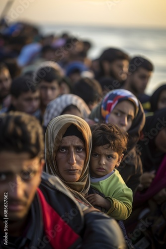 Close-up of an immigrant family on a boat in distress