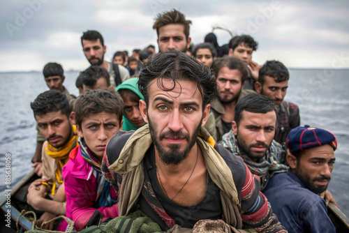 Crowded boat filled with immigrants at sea