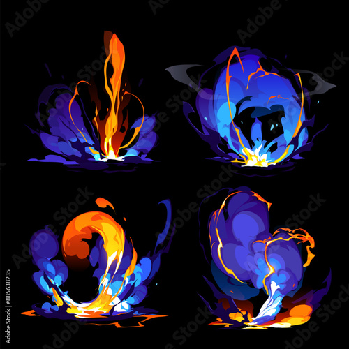 Set of fire flames isolated on a dark background. Vector illustration.