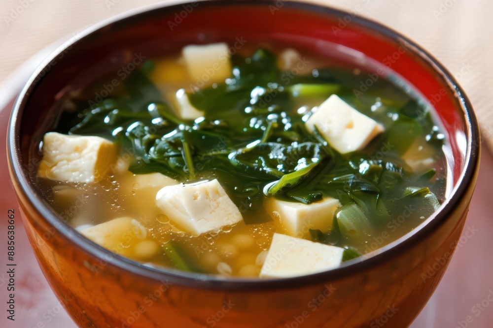 Miso soup is a traditional Japanese soup made with fermented soybean paste, tofu, and seaweed Miso soup is a traditional Japanese soup made with fermented soybean paste, tofu, and seaweed