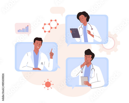 Doctors online video conference meeting. Medical staff team wearing professional uniform discuss medicine, scientific researches and patient cares