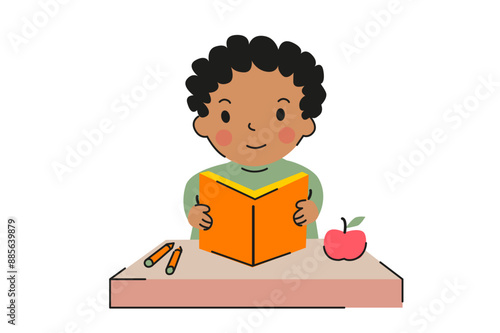 Children's School. Boy reading a book. Child learning in school. Ideal for children's education, and school themes. Back to School. Vector flat illustration.