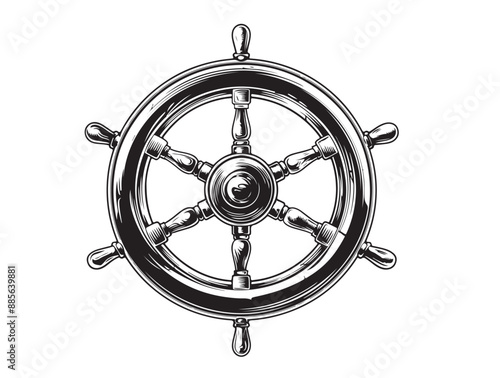 Illustration of retro ship steering wheel, Hand drawn style	
