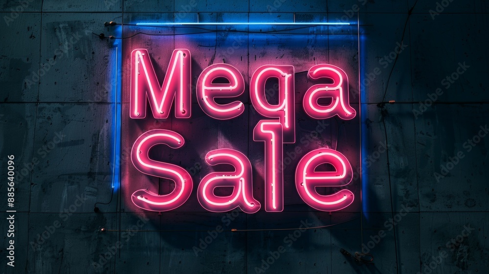 Fototapeta premium Pink Neon Mega Sale Sign on Concrete Wall at Night