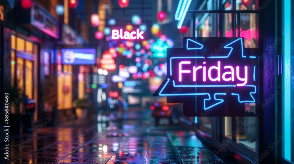 Neon Sign For Black Friday In A Wet City Street At Night Neon Sign For Black Friday In A Wet City Street At Night