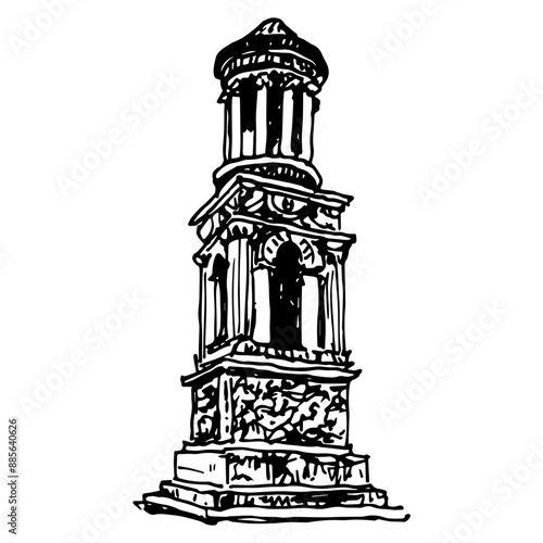 Mausoleum of Glanum. Gallo-Roman monument in Saint-Rémy-de-Provence, France. Hand drawn linear doodle rough sketch. Black and white silhouette.
