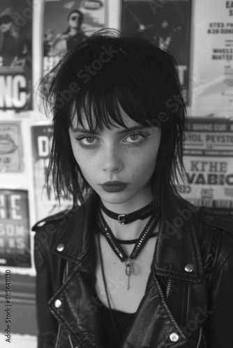 Punk, goth rock girl standing in a vinyl record music store. Dressed in a leather jacket and dark make-up. Fashion. Style. Black and white.