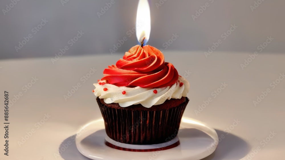A candle-topped cupcake on a dark surface, arranged symmetrically for visual balance A candle-topped cupcake on a dark surface, arranged symmetrically for visual balance