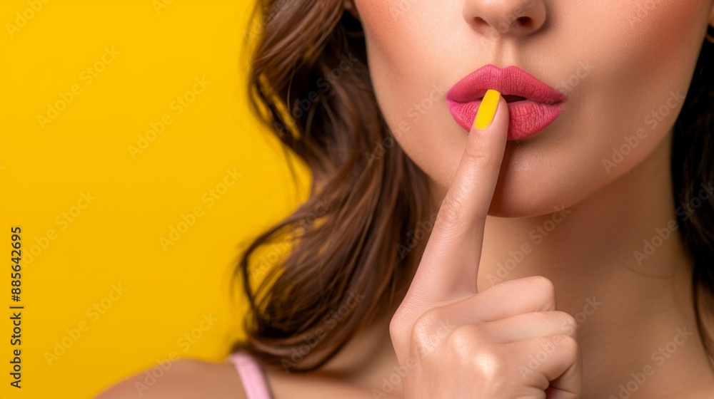 Close-up of a woman with bright lipstick and yellow nail polish making a shushing gesture against a vibrant yellow background. Concept of silence or secrecy. Vibrant, colorful photography. AI Close-up of a woman with bright lipstick and yellow nail polish making a shushing gesture against a vibrant yellow background. Concept of silence or secrecy. Vibrant, colorful photography. AI