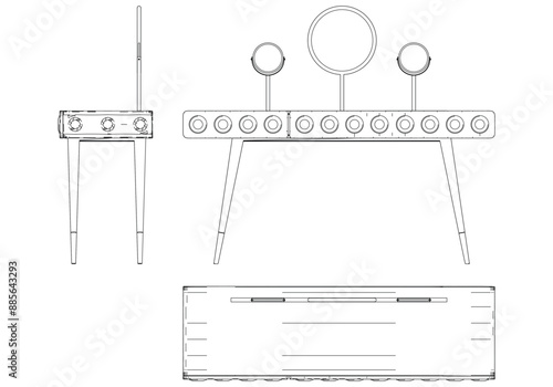 Dressing Table Line Vector Illustration. Different Views of Dressing Table, Ideal for Furniture Design and Interior Concepts with Front, Side, and Top Views