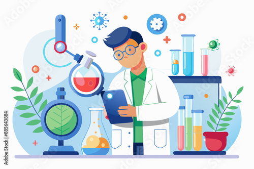 Doctors Research Medicine, Medicine research concept, doctors study medicine, Flat vector illustration. Medical laboratories make pharmaceutical test by chemistry science.