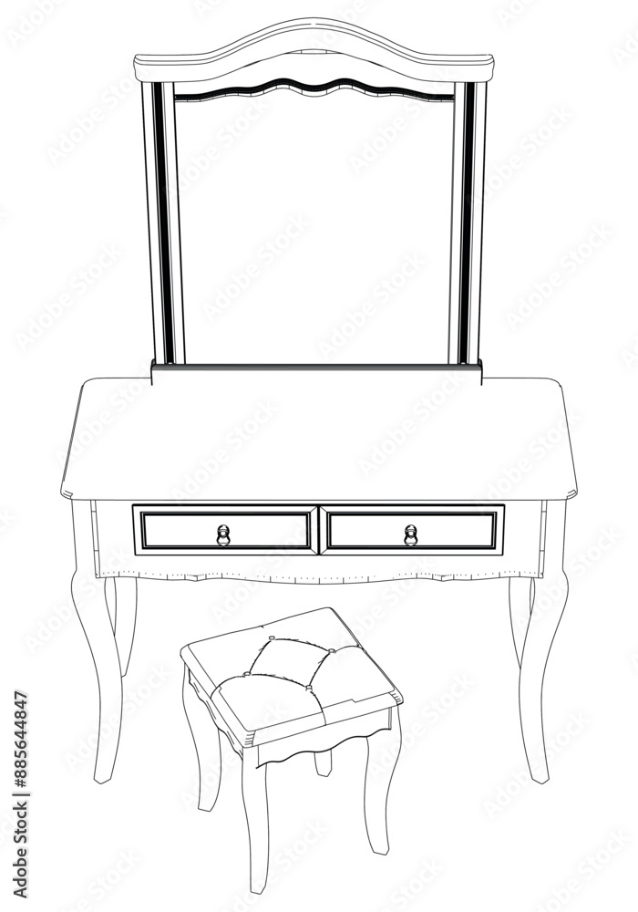 Line Vector Illustration of Dressing Table Isolated on White Background. Detailed Design Perfect for Interior Design and Furniture Concepts Line Vector Illustration of Dressing Table Isolated on White Background. Detailed Design Perfect for Interior Design and Furniture Concepts