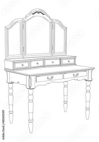 Dressing Table Line Vector Illustration. Different Views of Dressing Table, Ideal for Furniture Design and Interior Concepts 