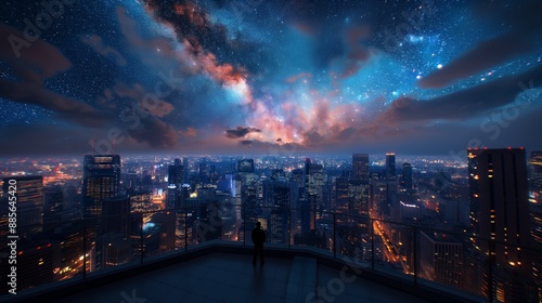 Fototapeta Naklejka Na Ścianę i Meble -  A person standing on a rooftop overlooking a vibrant city under a starlit night sky with colorful clouds and city lights.