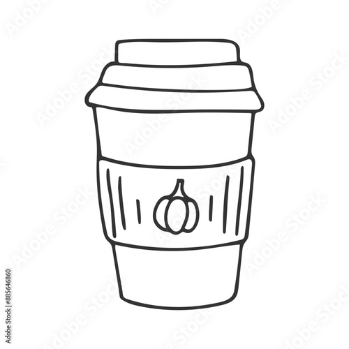Pumpkin Spice latte cup in Doodle style. Sketch hand Drawn Outline hot coffee drink. Cozy seasonal black and white illustration. Design element