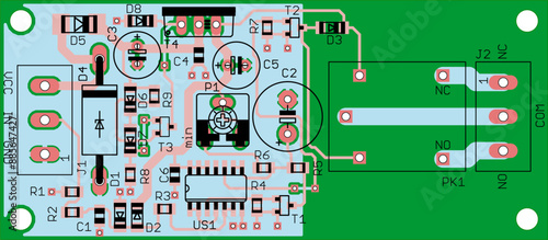 Vector printed circuit board of electronic 
device with components of radio elements, 
conductors and contact pads placed on pcb. 
Engineering technical drawing.
