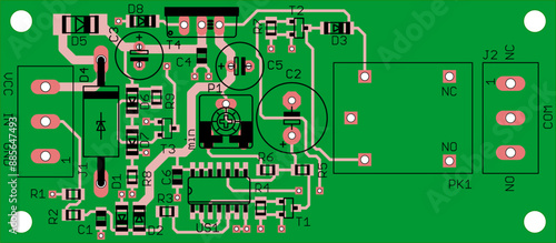 Vector printed circuit board of electronic 
device with components of radio elements, 
conductors and contact pads placed on pcb. 
Engineering technical drawing.