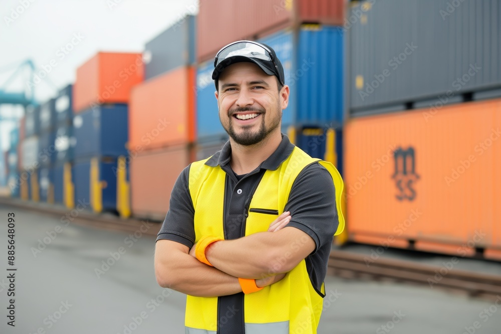 Confident Engineer in Uniform Posing with Freight Containers Background Confident Engineer in Uniform Posing with Freight Containers Background