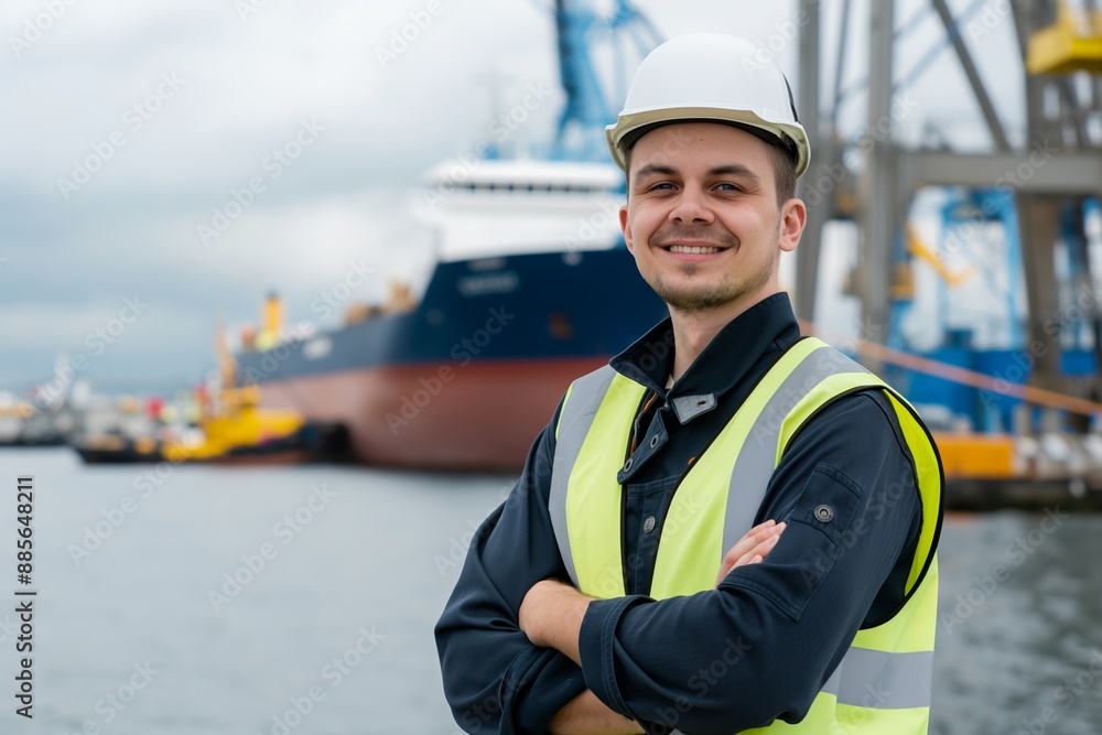 Confident Dock Worker in Safety Gear Standing in Front of Cargo Ship Confident Dock Worker in Safety Gear Standing in Front of Cargo Ship