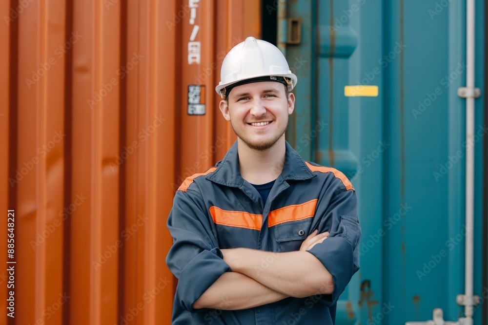 Happy Port Worker in Hard Hat and Safety Uniform by Shipping Containers Happy Port Worker in Hard Hat and Safety Uniform by Shipping Containers