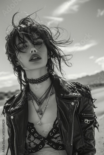 Goth, punk rock female on a desert highway road, dressed in a leather jacket and a goth rock attire, and dark smokey make-up. Black and white fashion portrait. Dramatic. Adventure.	