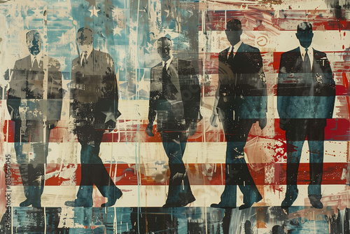 US Intelligence - Silhouettes of male Agents in suits in front of US flag photo