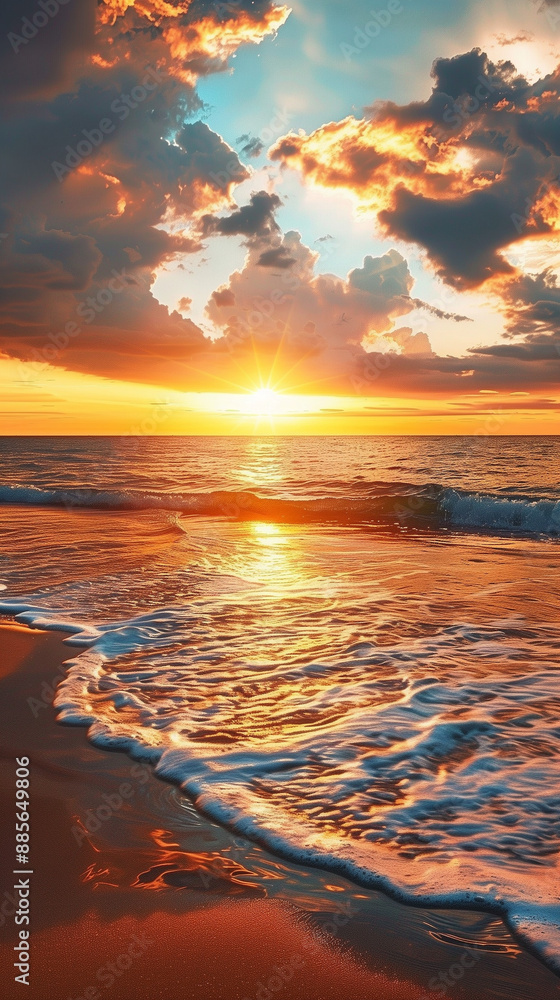 Vibrant sunset at the beach, golden sand and calm waves, sun setting over the horizon