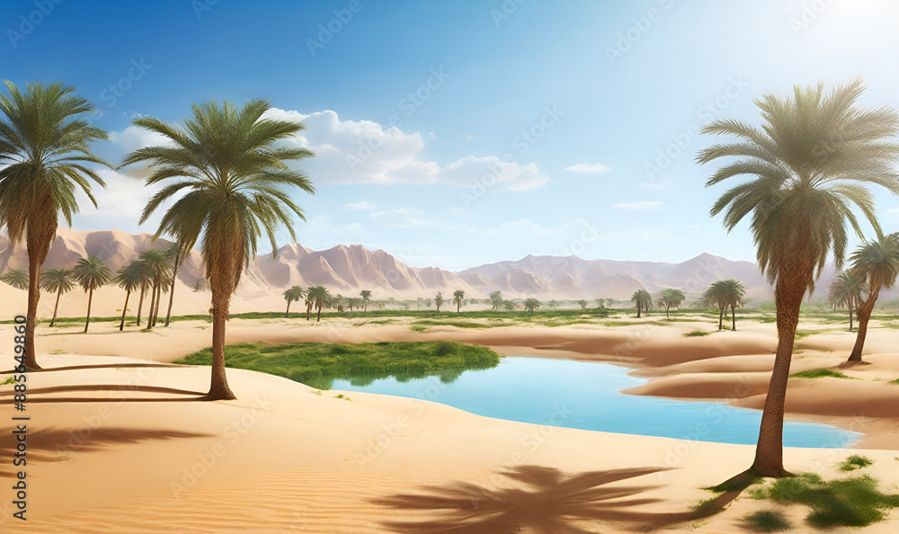Obraz premium an oasis in the desert, a lake of water in the middle of the desert and a few trees