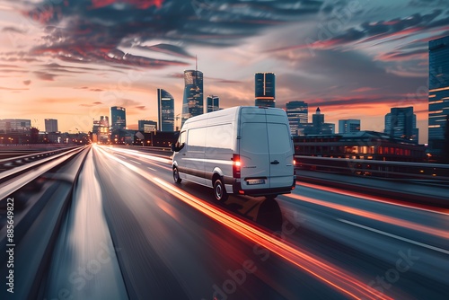 A dynamic shot of a transport van crossing a bridge, with a city skyline in the background, highlighting connectivity and network