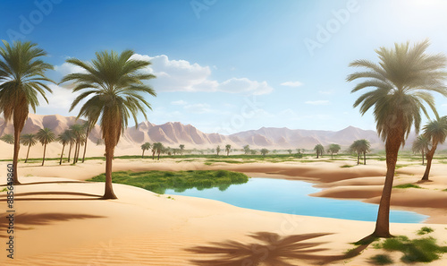 an oasis in the desert, a lake of water in the middle of the desert and a few trees photo