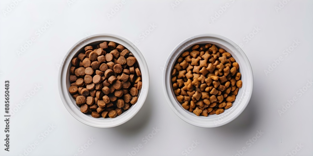 Pet food bowls, one empty and one full, on a white background. Concept Pet Supplies, Dog Accessories, Pet Care, Animal Nutrition, Pet Food Bowls Pet food bowls, one empty and one full, on a white background. Concept Pet Supplies, Dog Accessories, Pet Care, Animal Nutrition, Pet Food Bowls
