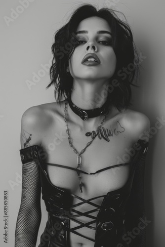 Brunette punk-goth inspired woman, style and make-up shoot black and white Portrait. Gothic, Goth, Emo, Dark style fashion. Smokey make-up, messy hair. Dramatic. Elegant. photo