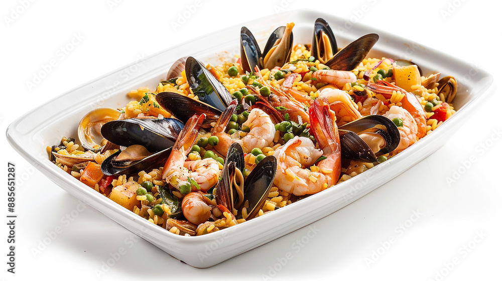 A beautifully presented seafood paella with shrimp, mussels, and clams, on a white porcelain dish against a white background A beautifully presented seafood paella with shrimp, mussels, and clams, on a white porcelain dish against a white background